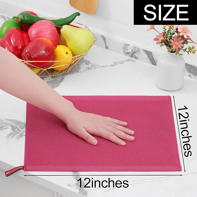 Homaxy 100% Cotton Waffle Weave Kitchen Dish Cloths 6-Pack, Hot Pink | 12 x 12 Inches, Ultra Soft Absorbent Dish Towels, Quick Drying Dish Rags with Hanging Loop