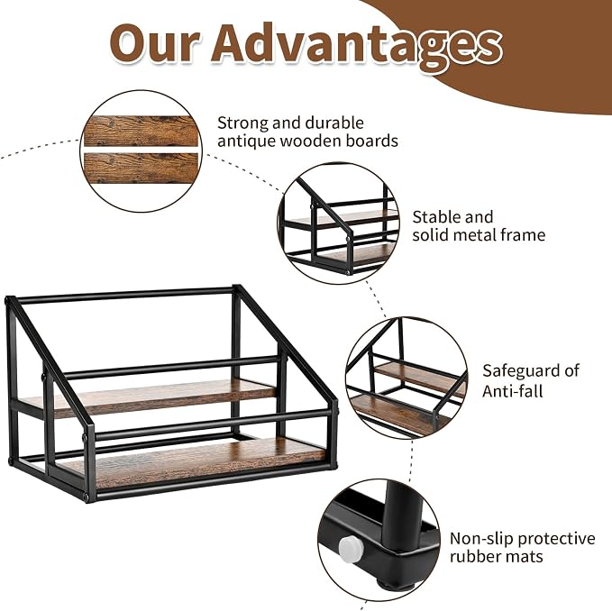 YQBRAO 2-Tier Coffee Syrup Organizer, 8-Bottle Rack, Rustic Brown | Holds up to 8 bottles in two raised rows for coffee bars, kitchens, counters, and beverage stations.