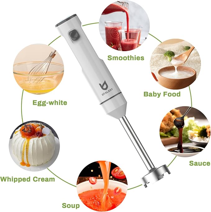 UTALENT Cordless Hand Blender with whisk for Smoothies, Milkshakes & Soups | Variable speed immersion blender, Pure Copper Winding Brushless Motor, USB-C rechargeable, Long-lasting, Ice crush blade