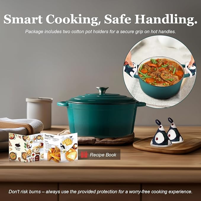 Overmont Enameled Cast Iron Dutch Oven - 5.5QT Pot with Lid Cookbook & Cotton Potholders - Heavy-Duty Cookware for Braising, Stews, Roasting, Sourdough Baking bottle green