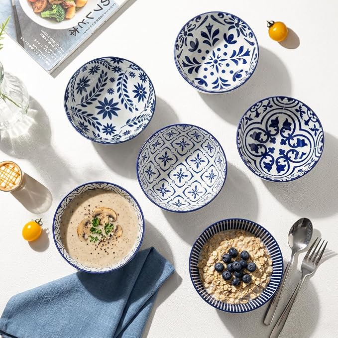 Cereal Bowls, 28 Ounce Ceramic Soup Bowls Set of 6, Large Bowl Set for Rice Salad Fruit Dessert Oatmeal Snack Ice Cream,Microwave & Dishwasher Safe, Blue & White