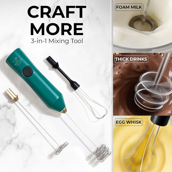 Zulay Kitchen Rechargeable Milk Frother Handheld - Frother Wand, Drink Mixer, Electric Whisk Frother, for Cappuccinos, Matcha & Protein Powder - Dynamic 3 Whisk, 3 Speed 500mAh Green Gold
