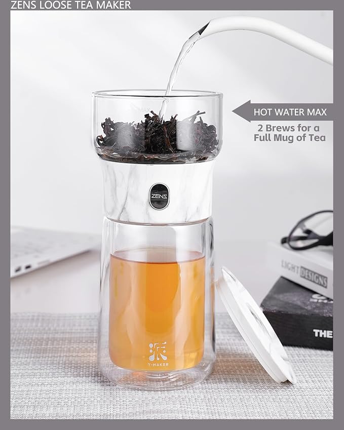 ZENS Modern One Touch Tea Maker, Glass Tea Infuser Pot for Loose Leaf Tea | Magic Teapot, Modern Tea Diffusers with 9oz Insulated Mug and Portable Bag for Tea Lovers Gifts, Marble
