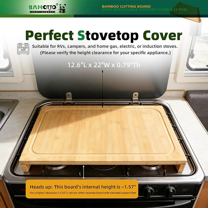 BAMOTTO CRAFTBAMBOO 12.6x22 Inch Bamboo Cutting Board, RV Stovetop Cover | 2 Detachable Support Panels | Reversible Juice Groove | Countertop Dishwasher Cover | Over Sink | Natural Bamboo