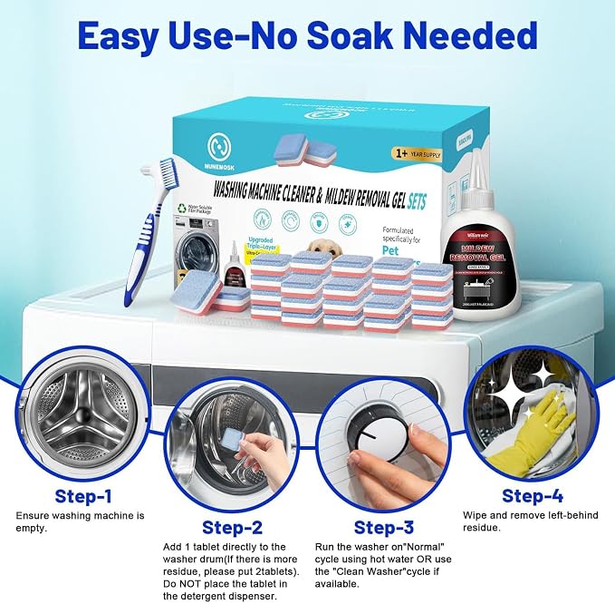 Washing Machine Cleaner Tablets Ultra with Mold Cleaning Gel&Brush | Designed for Pet Owners,Removes Residue, Grime & Odors, Compatible with HE, Top&Front Load, 30 Tablets-12+ Month Supply