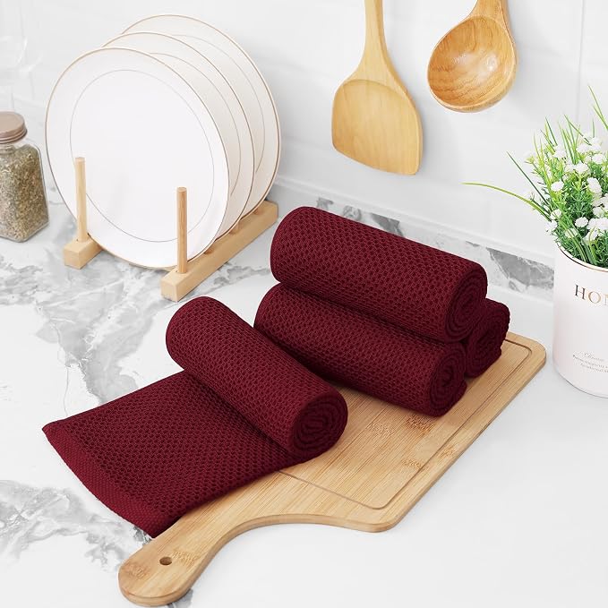 Kitinjoy 100% Cotton Waffle 4-Pack Kitchen Towels, 13" x 28", Burgundy | Super Soft, Ultra-Absorbent, Fast Drying, lightweight, Quick Drying Kitchen Hand Towels
