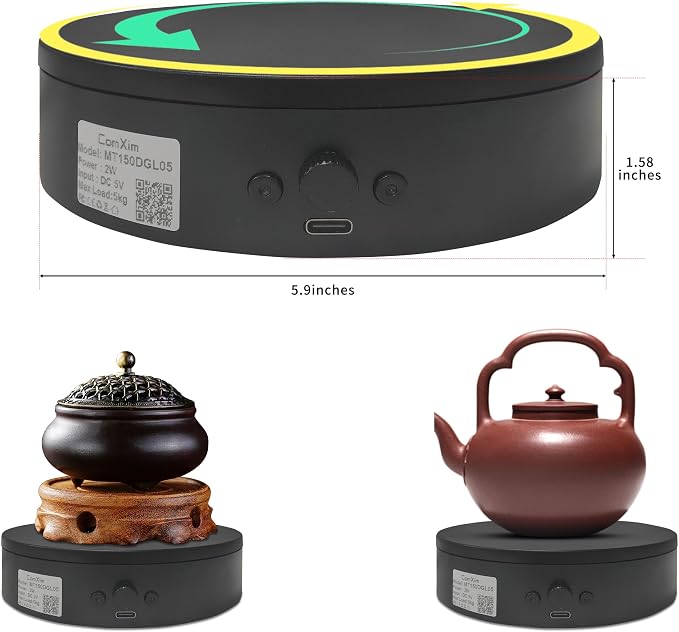 Rotating Display Stand with USB Power Cable,360 Degree Motorized Turntable 5.9" 11lbs Load, Spinning Display Stand for Jewelry, Turner Glitter Cups Photography and Display (5.9" black)