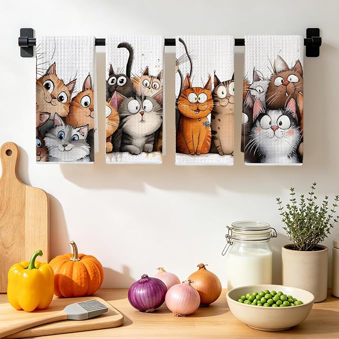 Jztco 4 Pcs Cute Cat Kitchen Towels, Cats Soft Absorbent Hand Tea Towel