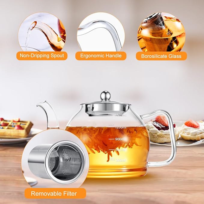 STNTUS Glass Teapot, 52 oz/1500 ml for Loose Tea, Teapot with Infusers for Loose Tea, Stainless Steel Strainer, Tea Pot for Stove