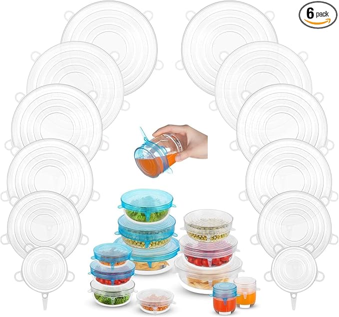 Silicone Stretch Lids, 12PCS Zero Waste Reusable Container Covers | For Leftover Food Fruit Bowls Pots Cups Jars Dishes (White-12PCS)