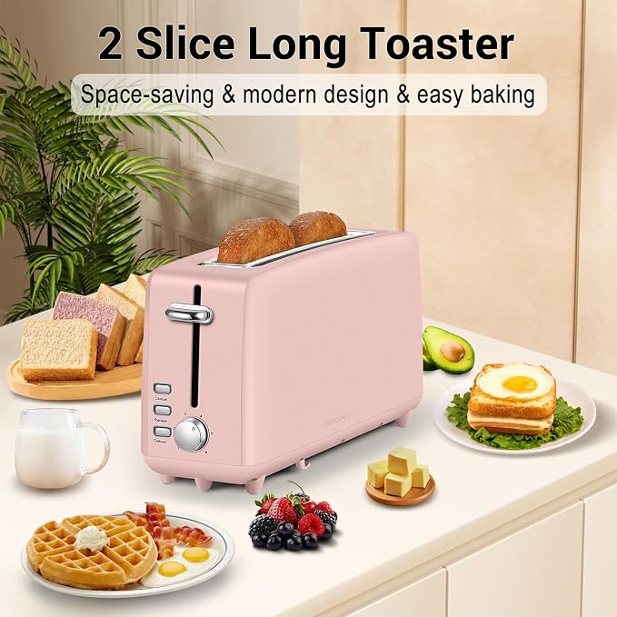 SEEDEEM Stainless Steel Toaster 2 Slice Slim, 10" Single Long Slot, Pink | 6 Shade Settings, Extra Wide Slot Fits Bagels & Artisan Bread, Defrost, Cancel Function, Removable Crumb Tray