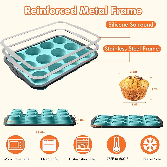 2 Pack Silicone Muffin Pan for Baking with Metal Reinforced Frame, Foldable 12 Cup Regular Size Nonstick Cupcake Pan, Muffin Tray for Baking, Dishwasher Safe Egg Bite Molds for Oven，Blue