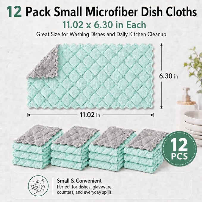 kimteny 12 Pack Dish Cloths for Washing Dishes | Super Absorbent Microfiber Kitchen Dish Rags, Fast Drying Coral Velvet Dish Cloths for Kitchen Counter and Dishes, Green-Grey