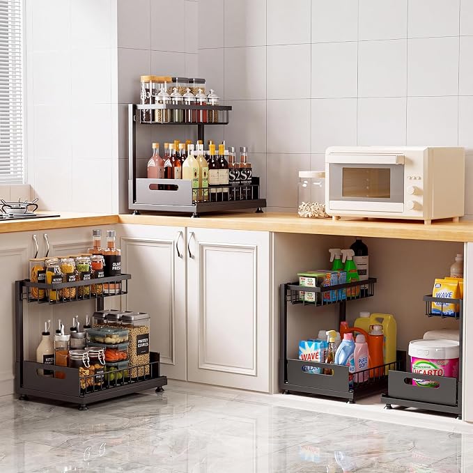 2-Pack L-Shaped Under Sink Organizer, 2-Tier Pull-out Cabinet Rack | Black Height-Adjustable Steel Rack, Sliding Grid Drawers with PP Liners, Holds 100 Lbs, Suction Base, Ideal Kitchen Storage
