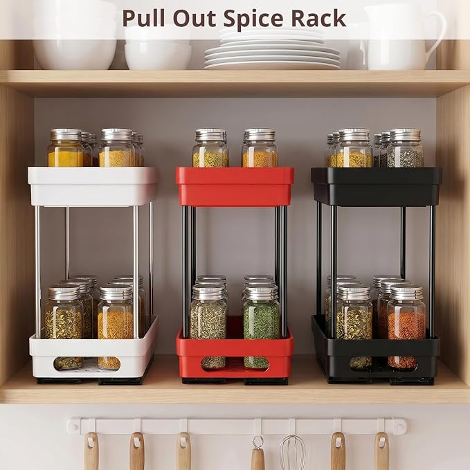3 Pack Pull Out Spice Rack Organizer for Cabinet, Slide Out Spice Racks Organizer, Spice Cabinet Organizers, Cabinet Size Need:12'' Highx11'' Deepx5'' Wide,Each Tier Hold 10 Spice Jar- 2 Tier,3 Colors