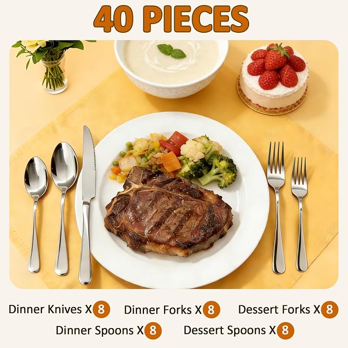 40 Piece Silverware Set, Kitchen Utensils Set for Restaurant & Home, Stainless Steel Cutlery Set, Flatware Set include Forks, Knives, Spoons, Household Essentials for New Home, Silver