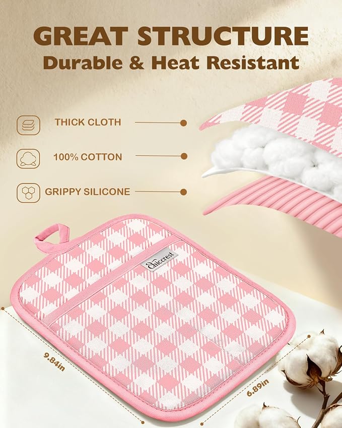 100% Thick Cotton Pot Holders Ribbed Soft Silicone Pink Gingham | Stylish Pot Holders with Pockets, Ribbed Soft Silicone, Machine Washable Non-Slip Heat Resistant Hot Pads 2pcs, Kitchen Gift
