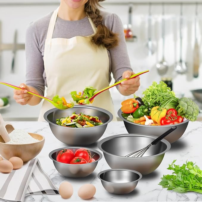 Mixing Bowl Set of 5, Stainless Steel Mixing Bowls, Nesting Whisking Bowl Set for Cooking, Baking, Serving, Food/Salad Prep