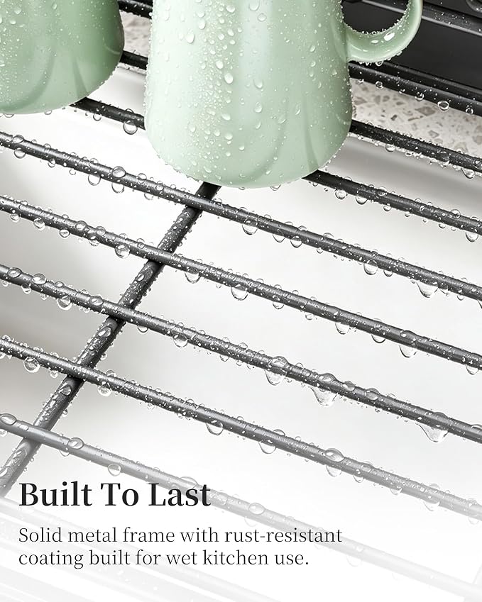 SAYZH Expandable Dish Drying Rack for Kitchen Counter, Metal, Grey | Foldable Over Sink, Large Capacity, Rust-Resistant, Adjustable for Most Sinks, Automatic Drainage, Removable Utensil Holder