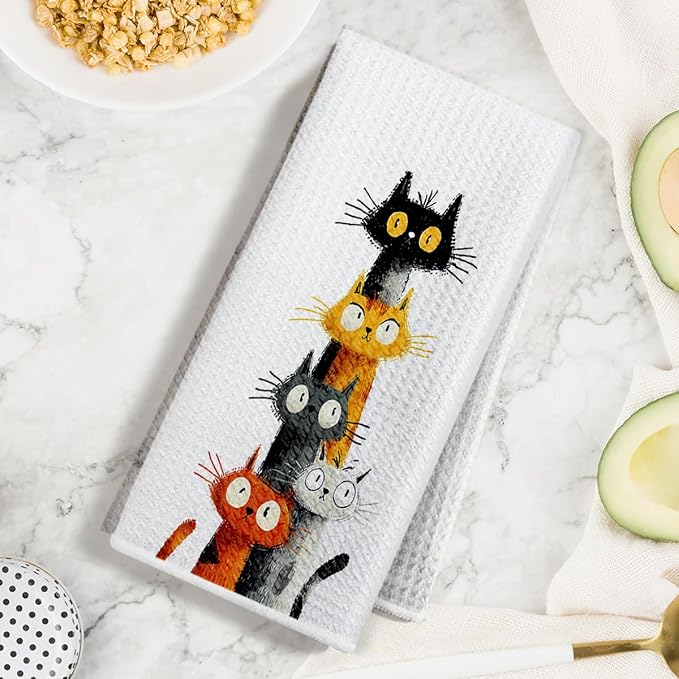 2 Pcs Cute Cat Kitchen Towels, Funny Cats Gifts Absorbent Hand Towels-04 | Cat Dish Cloths for Drying Dishes, Cats Waffle Dish Towels for Kitchen Home Bathroom Decor, Cat Lover Gifts for Women Mom