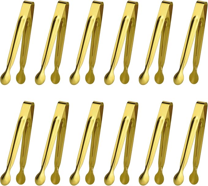 Mini Serving Tongs Set, 12 Gold Stainless Steel Tongs, 6.3 in for Sugar Cubes, Ice, Candy, Charcuterie, Coffee Bar