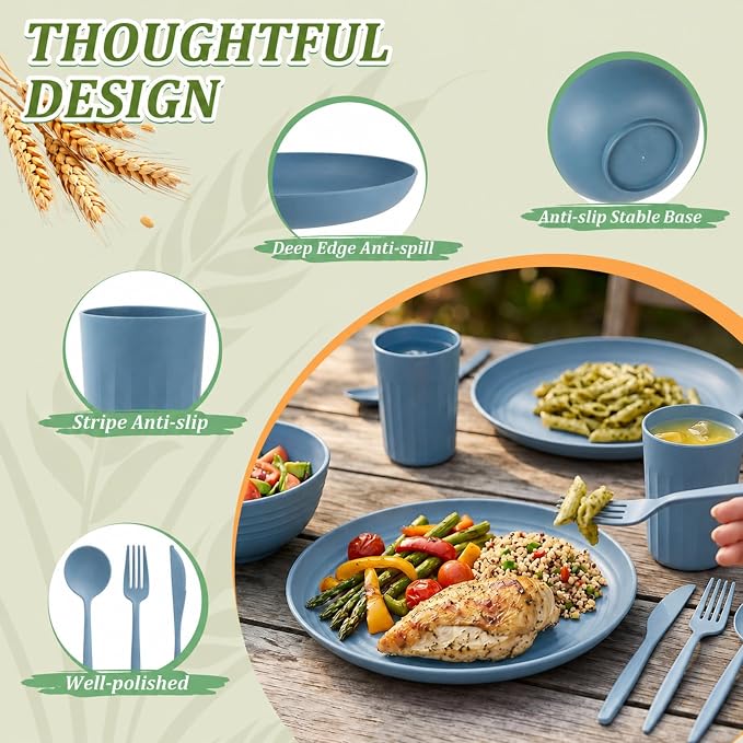 28-Piece Wheat Straw Dinnerware Sets, Microwave & Dishwasher Safe Unbreakable Dinnerware Set, Reusable Dishware Sets, Lightweight Camping Dishes, Plates, Cups, Cereal Bowls for 4 (Navy Blue)