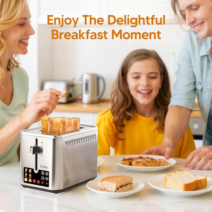 Trisiko® Touch Screen Toaster 2 Slice, 900W Digital Toaster with Countdown Timer, 1.38 in Wide Slots, 6 Browning Levels, Bagel, Defrost, Reheat, Cancel, Crumb Tray, Cord Wrap-Stainless Steel