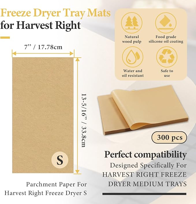 300 PCS Freeze Dryer Tray Mats for Harvest Right Dryer - Freeze Dryer Parchment Paper Set for Medium Trays - Non-Stick Baking Mats One-Off Parchment Paper Harvest Right Accessories (13" x 7")
