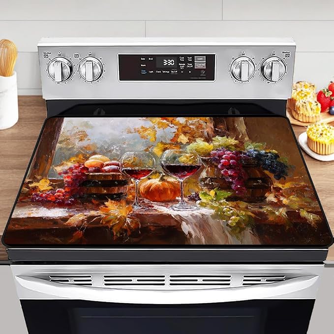 Autumn Stove Top Cover for Electric Stove,The Harvest Season Glass Top Stove Cover Protector,Red Wine Glasses Glass Cooktop Covers Pumpkins Kitchen Flat Electric Stove Top Covers