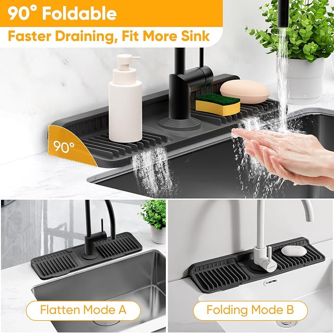 17.7'' Folding Faucet Mat for Kitchen Sink Splash Guard[7° Slope Fast Self-draining][Snap Lock Fit] Kitchen Sink Faucet Mat Splash Guard Kitchen Sink Area Water Splash Guard Behind Faucet Draining Mat