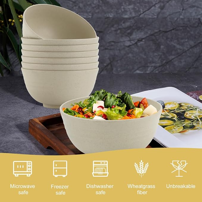 Unbreakable Cereal Bowls, Unbreakable Plastic Bowls Alternatives Set of 8, Wheat Straw Bowl for Kitchen,Camping, RV, Party, Microwave Safe Bowl Set for Cereal, Soup, Salad (Beige, 26 OZ)