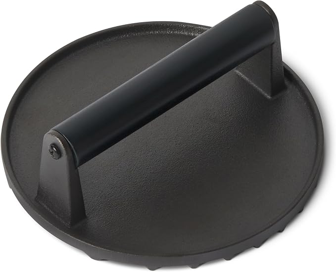 Amazon Basics Smash Burger Press, Cast Iron Bacon Press with Wooden Handle, Grooved Bottom for Grill Marks, Round 6.8-Inch, Black, 1-Pack