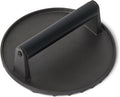Amazon Basics Smash Burger Press, Cast Iron Bacon Press with Wooden Handle, Grooved Bottom for Grill Marks, Round 6.8-Inch, Black, 1-Pack