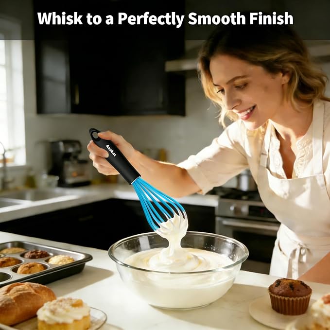 Anaeat Silicone Kitchen Whisk Set of 4, Perfect for Non-Stick Cookware, Milk and Egg Beater Blender for Whisking, Cooking, Baking, Beating - 11'' Flat Whisk and 9''+11''+12'' Balloon Whisks (Blue)