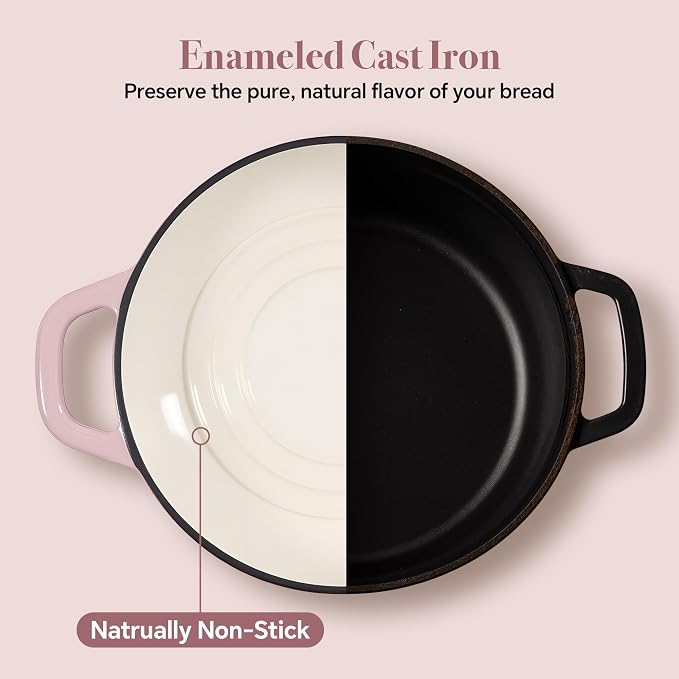 4.5 QT Dutch Oven for Bread Baking,Cast Iron Bread Oven for Sourdough,Enamelled Bread Dutch Oven with Lid,Heavy-Duty Non Stick Bread Pot, Pink