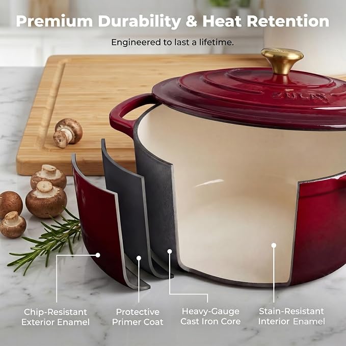 Zulay Kitchen 6.4QT Enameled Cast Iron Dutch Oven Pot with Lid, Heavy-Duty Soup Pot for Stews, Braising, Roasting & Sourdough Bread Baking, Oven Safe up to 500°F – Garnet