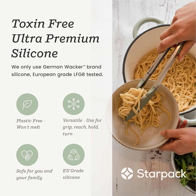 Starpack Get a Grip Silicone Kitchen Tongs (12 Inch) - LFGB Non Toxic, 600°F Heat Resistant, BPA-Free - Heavy-Duty Stainless Steel, Locking - Dishwasher Safe for Nonstick Cookware Sage Green