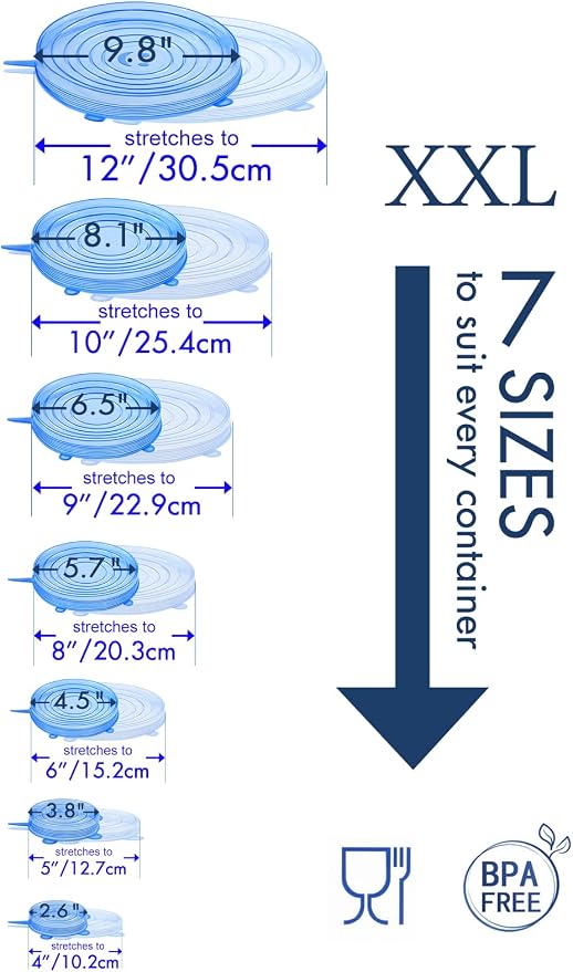 Longzon Silicone Stretch Lids 14 Pack Include 2Pcs Size up to 9.8'' Dia | 7 Different Sizes to Meet 2.6"-9.8''Dia, Reusable Durable Food Storage Covers for Bowl, Containers,Dishwasher & Freezer Safe