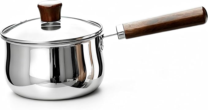 GREATLINK Small Sauce Pan with Lid and Wooden Handle for Cooking - 1 Quart Stainless Steel Saucepan with Pour Spout for Heating Milk, Melting Chocolate, Warming Sauces - Small Pot for All Cooktop
