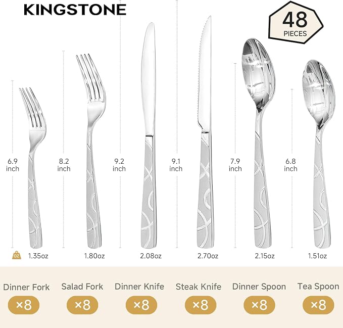 HIKAA 48PCS Stainless Steel Silverware Set with Steak Knives, Modern Flatware Set for Kitchen, Mirror Polished Cutlery Set with Forks, Spoons and Knives，Dishwasher Safe