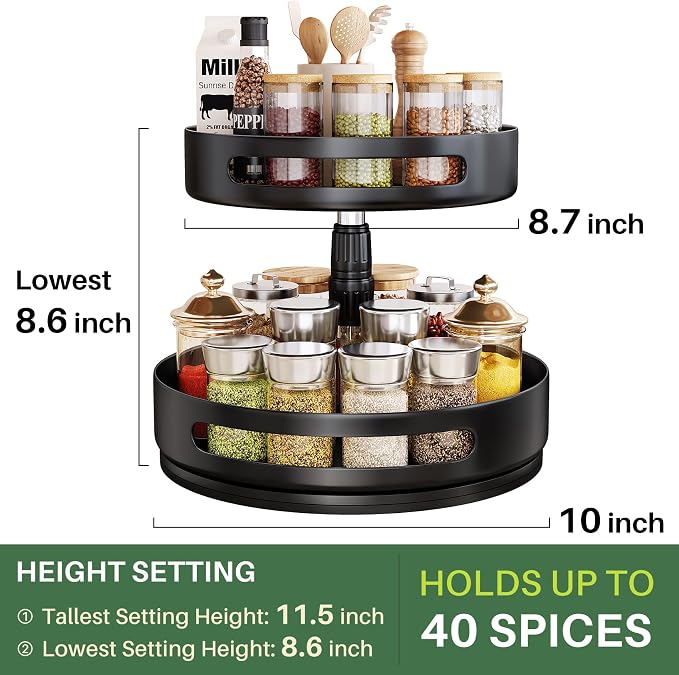 Lazy Susan Spice Rack Organizer for Cabinet, 2-Tier Metal, 10 in | Height Adjustable, 360-Degree Rotation, Spice Turntable for Table Top, Kitchen Pantry