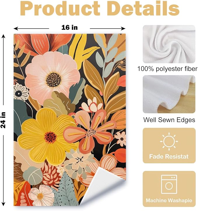 Abstract Boho Floral Kitchen Towels Set of 2, Maximalist Colorful Flower Hand Towels for Bathroom Decor, Mid Century Modern Dish Tea Towels for Kitchen Decor, 16x24 Inch