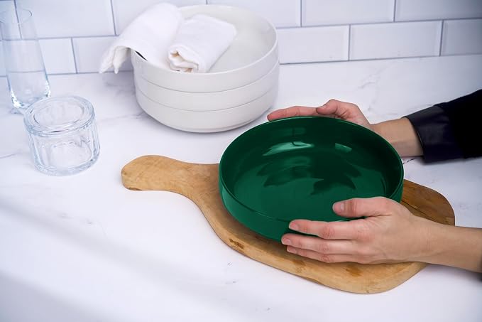 KooK Ceramic Large Pasta Bowls, Microwave and Dishwasher Safe, Great for Soups and Salads, Shallow Serving Bowls, Glossy Porcelain, 47 oz, Set of 4, Hunter Green
