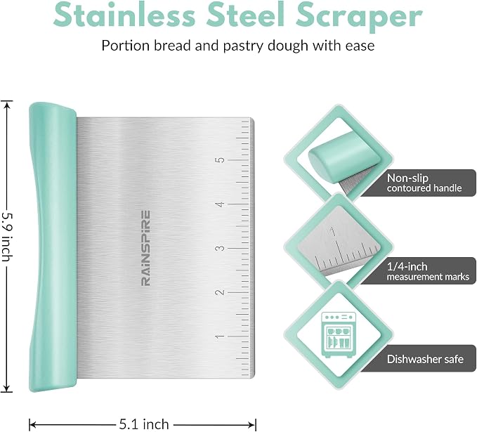 Upgraded 304 Stainless Steel Multi-Purpose Bench Scraper with Measurement Marks, Dishwasher Safe, Dough Cutter for Pizza, Bread and Cookie Dough Vegetable Chopper, Baking Supplies, Mint Green
