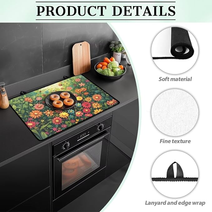 Black Cat Daisy Sunflower Plant Print Electric Stove Top Cover Dust Protection Glass Cooktop Protector Anti-Slip Range Covers with Lanyards Dish Drying Mat, 29.18 x 20.96 inch