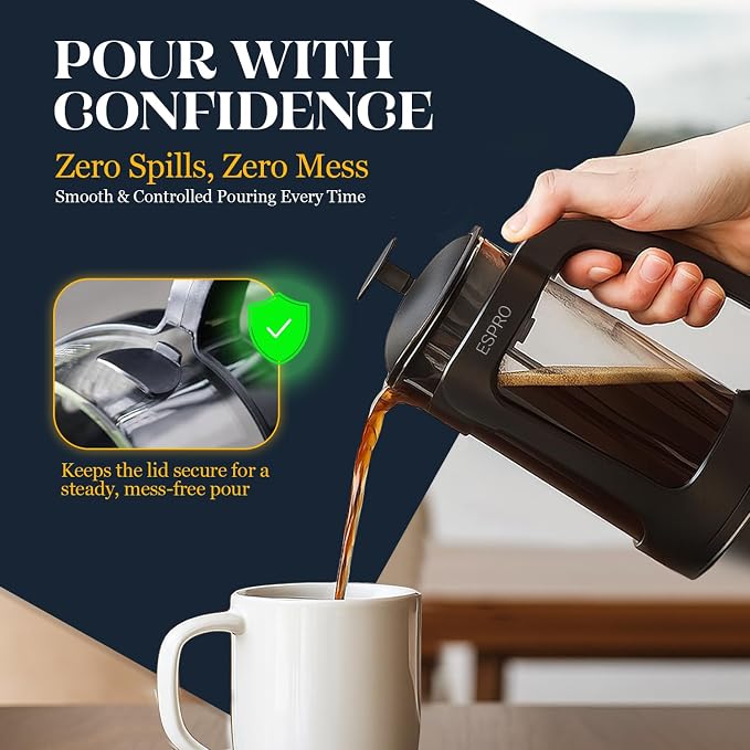 ESPRO Light P3 French Press Coffee Maker – Patented Double Micro-Filter for Grit-Free Brew, Heat Resistant thicker Borosilicate Glass Coffee press – (Black 18 oz) (Pack of 2)