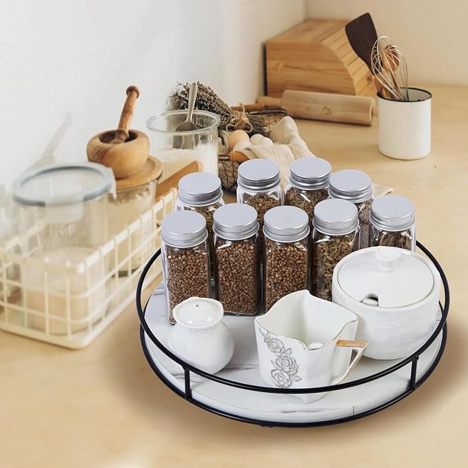 9 Inch White Wood Lazy Susan,360° Decorative Turntable for Countertop
