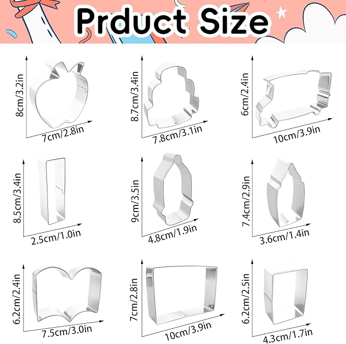 9 Pieces Back to School Cookie Cutters Set, Stainless Steel School-Themed Biscuit Mold Includes Apple Pencil Ruler Notebook School Bus Blackboard Book Backpack Crayon Baking Decorations