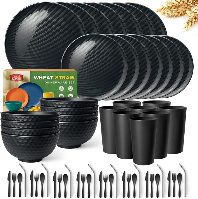 Teivio 32-Piece Plates and Bowls Sets for 8, with Flatware Dinnerware Sets | 13.5oz Cups, Plastic Wheat Straw Unbreakable Dish Set, Dishwasher Safe, for Outdoor Camping RV Essentials Plate Set, Black