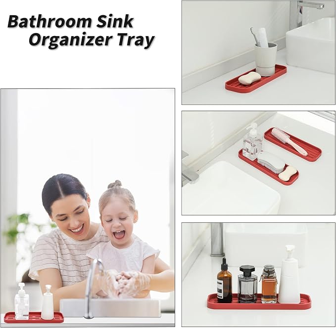 MicoYang Silicone Kitchen Sink Organizer Tray for Multiple Usage,Eco-Friendly Sponges Holder for Kitchen Bathroom Counter or Sink,Dish Soap Dispenser,Scrubber,Bottle,Cup (Red, 12"×4")